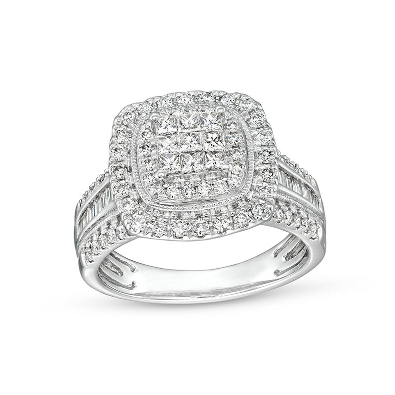 Main Image 1 of Previously Owned - 1 CT. T.W. Princess-Cut Multi-Diamond Frame Vintage-Style Engagement Ring in 10K White Gold