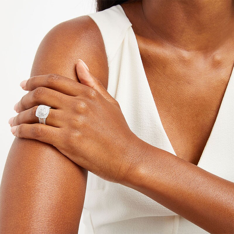 Main Image 2 of Previously Owned - 1 CT. T.W. Princess-Cut Multi-Diamond Frame Vintage-Style Engagement Ring in 10K White Gold