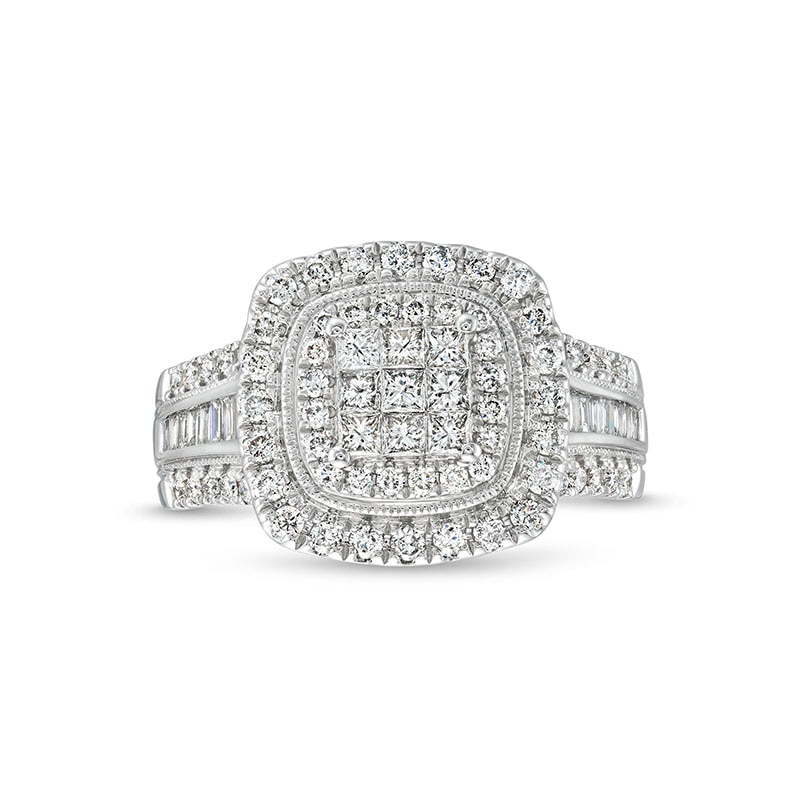 Main Image 4 of Previously Owned - 1 CT. T.W. Princess-Cut Multi-Diamond Frame Vintage-Style Engagement Ring in 10K White Gold