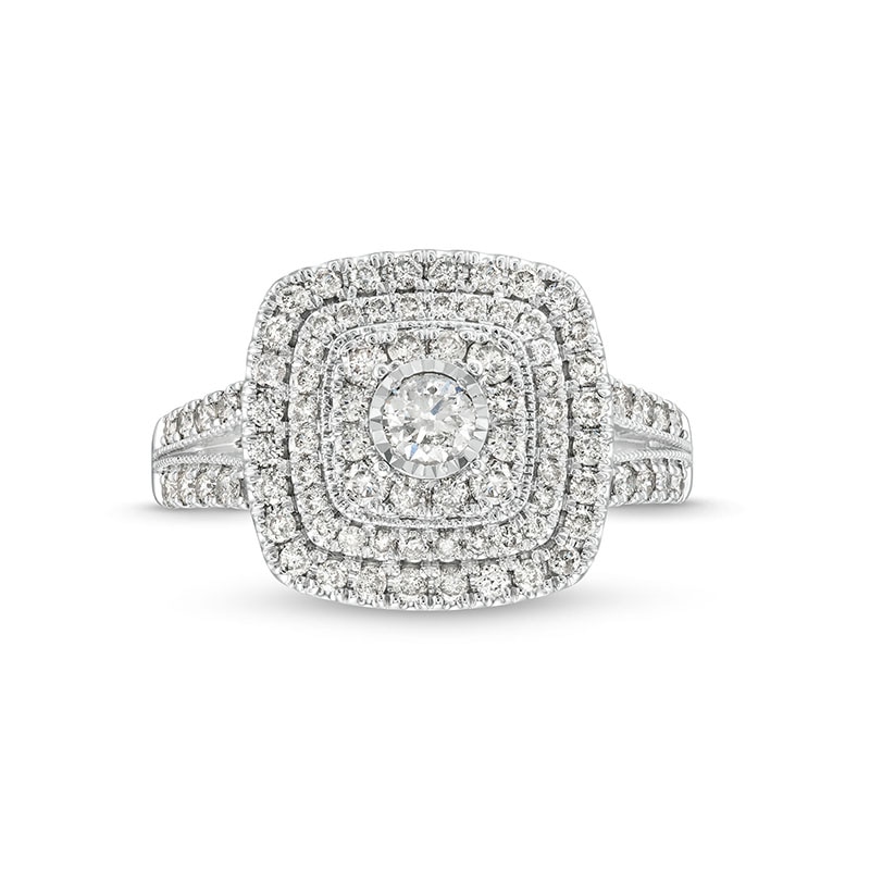 Main Image 4 of Previously Owned - 1 CT. T.W. Diamond Triple Cushion Frame Multi-Row Vintage-Style Engagement Ring in 10K White Gold