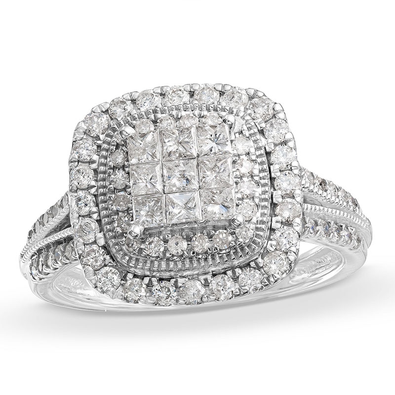 Main Image 1 of Previously Owned - 1 CT. T.W. Princess-Cut Multi-Diamond Frame Vintage-Style Engagement Ring in 10K White Gold