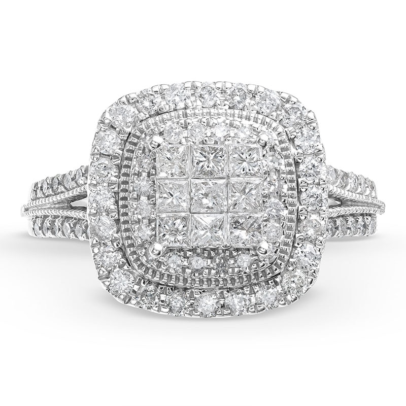 Main Image 4 of Previously Owned - 1 CT. T.W. Princess-Cut Multi-Diamond Frame Vintage-Style Engagement Ring in 10K White Gold