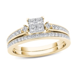 Previously Owned - 1 CT. T.W. Quad Princess-Cut Multi-Diamond Bridal Set in 14K Gold