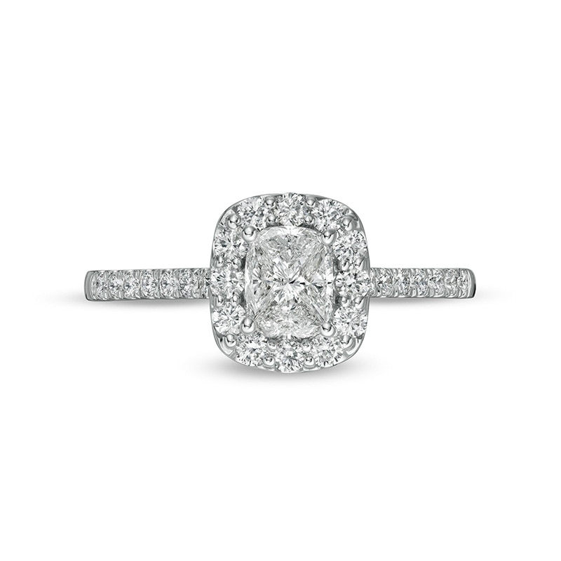 Main Image 4 of Previously Owned - 3/4 CT. T.W. Composite Cushion-Shaped Diamond Frame Engagement Ring in 10K White Gold
