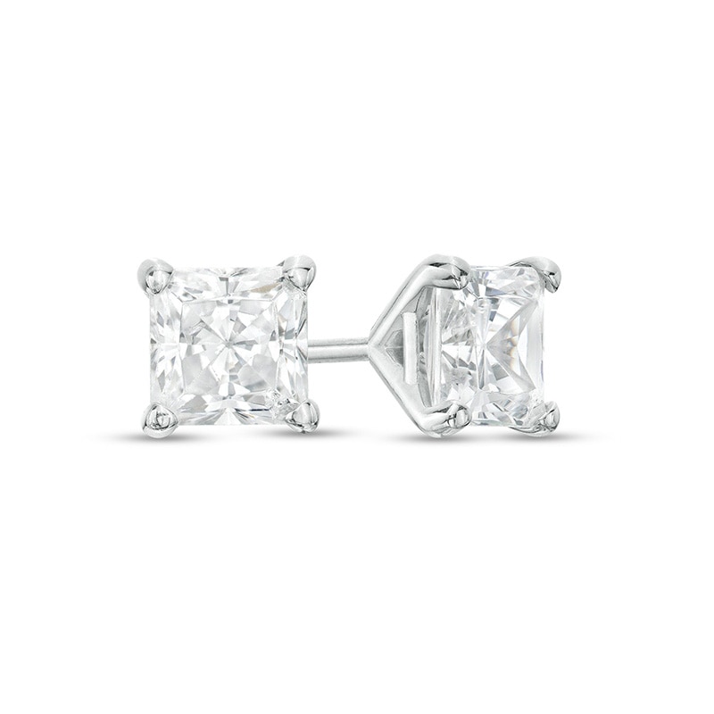 Main Image 1 of Previously Owned - 1 CT. T.W. Princess-Cut Diamond Solitaire Stud Earrings in 14K White Gold (I/I1)