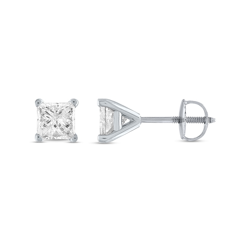 Main Image 2 of Previously Owned - 1 CT. T.W. Princess-Cut Diamond Solitaire Stud Earrings in 14K White Gold (I/I1)