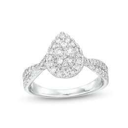 Previously Owned - 3/4 CT. T.W. Pear Multi-Diamond Frame Twist Split Shank Engagement Ring in 10K White Gold