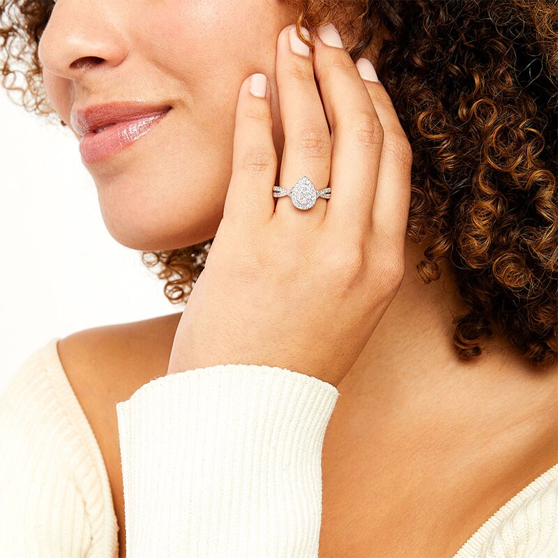 Main Image 2 of Previously Owned - 3/4 CT. T.W. Pear Multi-Diamond Frame Twist Split Shank Engagement Ring in 10K White Gold