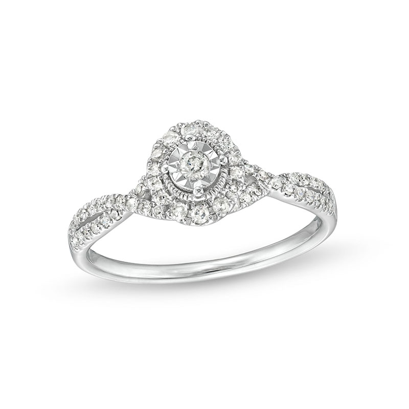 Main Image 1 of Previously Owned - 1/4 CT. T.W. Diamond Frame Twist Split Shank Promise Ring in 10K White Gold