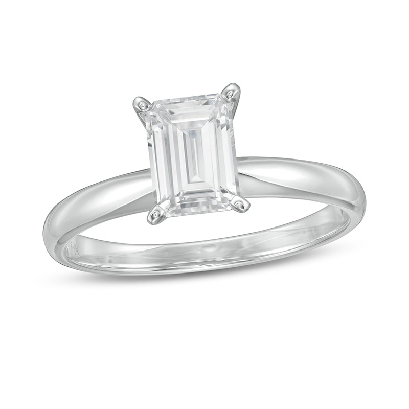 Main Image 1 of Previously Owned - 1 CT. Emerald-Cut Lab-Grown Diamond Solitaire Engagement Ring in 14K White Gold (F/VS2)