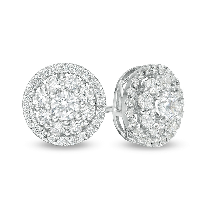 Main Image 1 of Previously Owned - 1 CT. T.W. Lab-Grown Diamond Double Frame Stud Earrings in 14K White Gold (F/SI2)