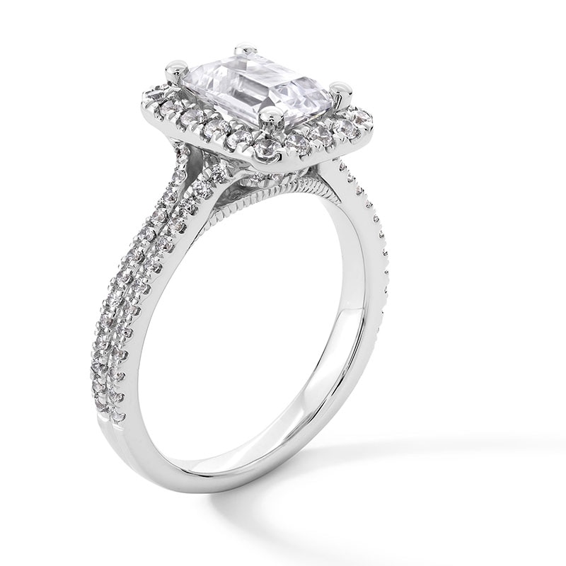 Main Image 3 of Previously Owned - 2-5/8 CT. T.W. Emerald-Cut Lab-Grown Diamond Frame Double Row Engagement Ring in 14K White Gold