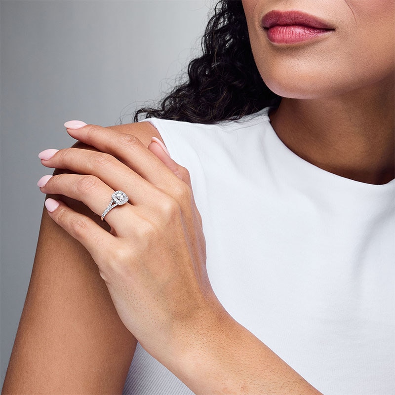 Main Image 2 of Previously Owned - 1-1/2 CT. T.W. Lab-Grown Diamond Cushion Frame Split Shank Engagement Ring in 14K White Gold (G/SI2)