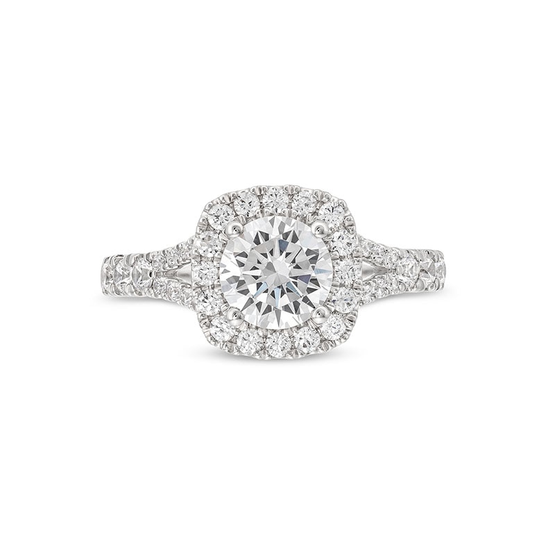 Main Image 4 of Previously Owned - 1-1/2 CT. T.W. Lab-Grown Diamond Cushion Frame Split Shank Engagement Ring in 14K White Gold (G/SI2)