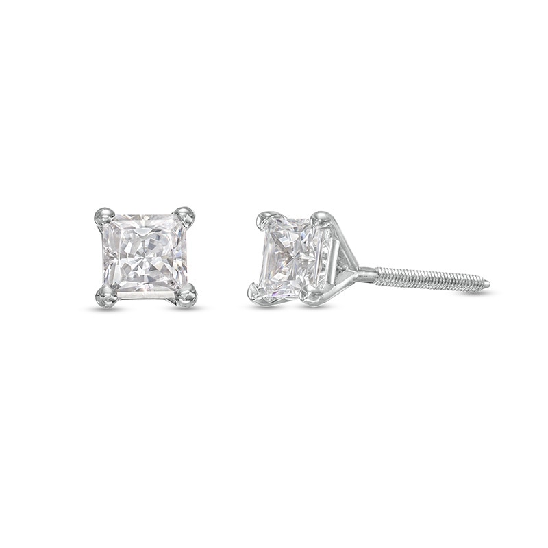 Main Image 1 of Previously Owned - 1/2 CT. T.W. Princess-Cut Lab-Grown Diamond Solitaire Stud Earrings in 14K White Gold (F/SI2)