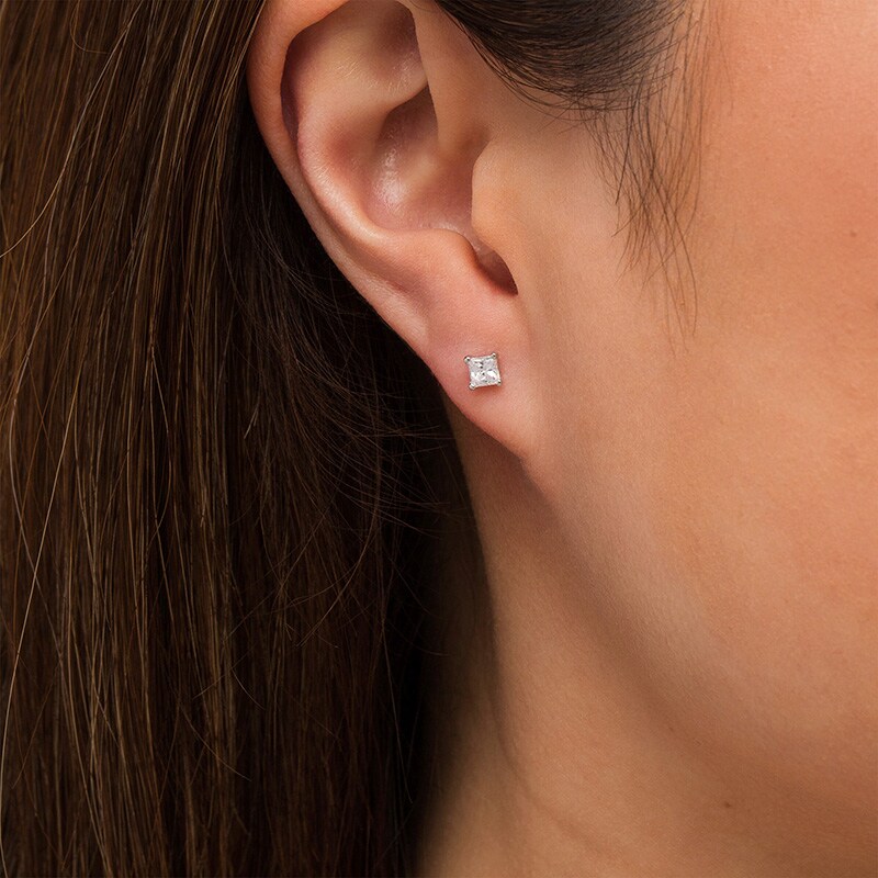 Main Image 2 of Previously Owned - 1/2 CT. T.W. Princess-Cut Lab-Grown Diamond Solitaire Stud Earrings in 14K White Gold (F/SI2)