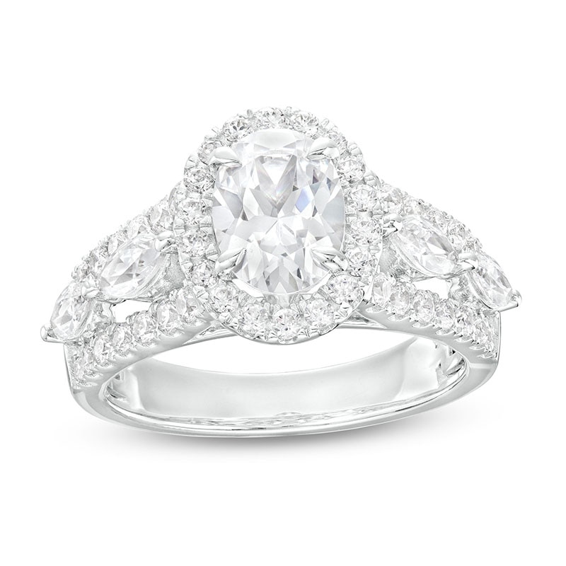 Main Image 1 of Previously Owned - 2-1/2 CT. T.W. Oval Lab-Grown Diamond Frame Triple Row Engagement Ring in 14K White Gold (F/VS2)