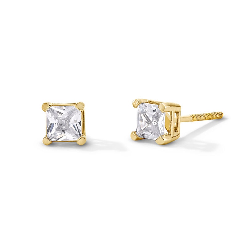 Main Image 1 of Previously Owned - 3/4 CT. T.W. Princess-Cut Lab-Grown Diamond Solitaire Stud Earrings in 14K Gold (F/SI2)