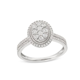 Previously Owned - 1/2 CT. T.W. Oval Multi-Diamond Frame Double Row Vintage-Style Engagement Ring in 10K White Gold
