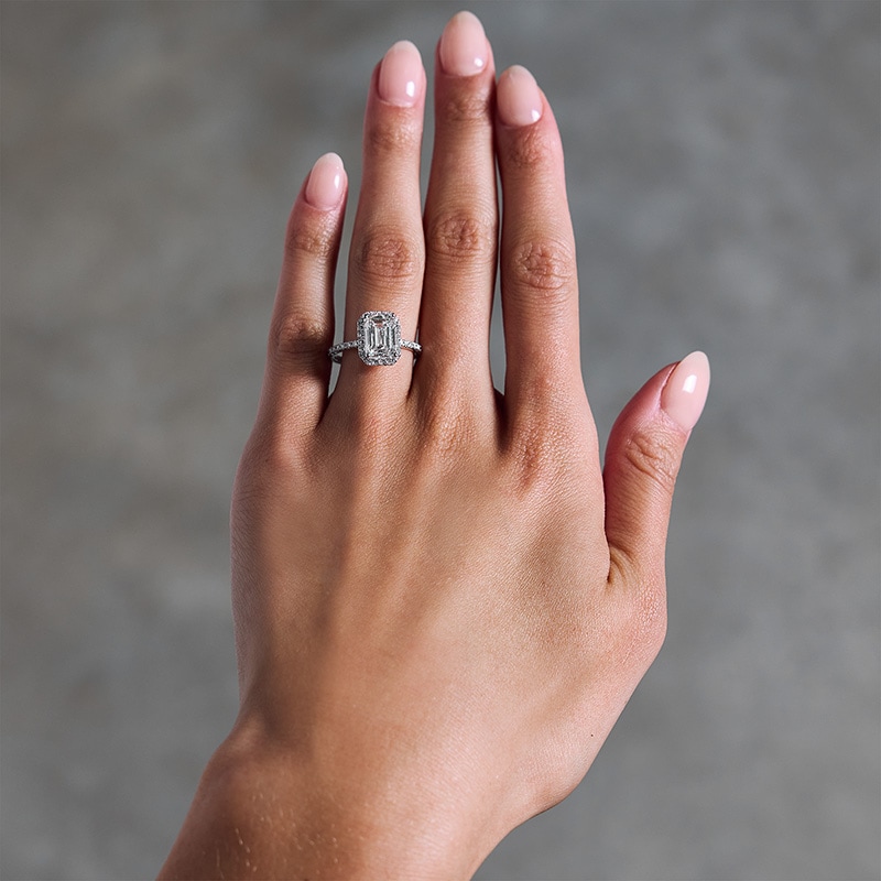 Main Image 2 of Previously Owned - 3-1/2 CT. T.W. Emerald-Cut Lab-Grown Diamond Frame Engagement Ring in 14K White Gold (F/VS2)