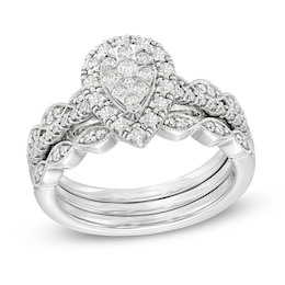 Previously Owned - 1/2 CT. T.W. Composite Pear-Shaped Diamond Art Deco Three Piece Bridal Set in 10K White Gold