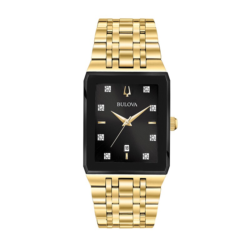 Main Image 1 of Previously Owned - Men's Bulova Modern Diamond Accent Gold-Tone Watch with Rectangular Black Dial (Model: 97D118)
