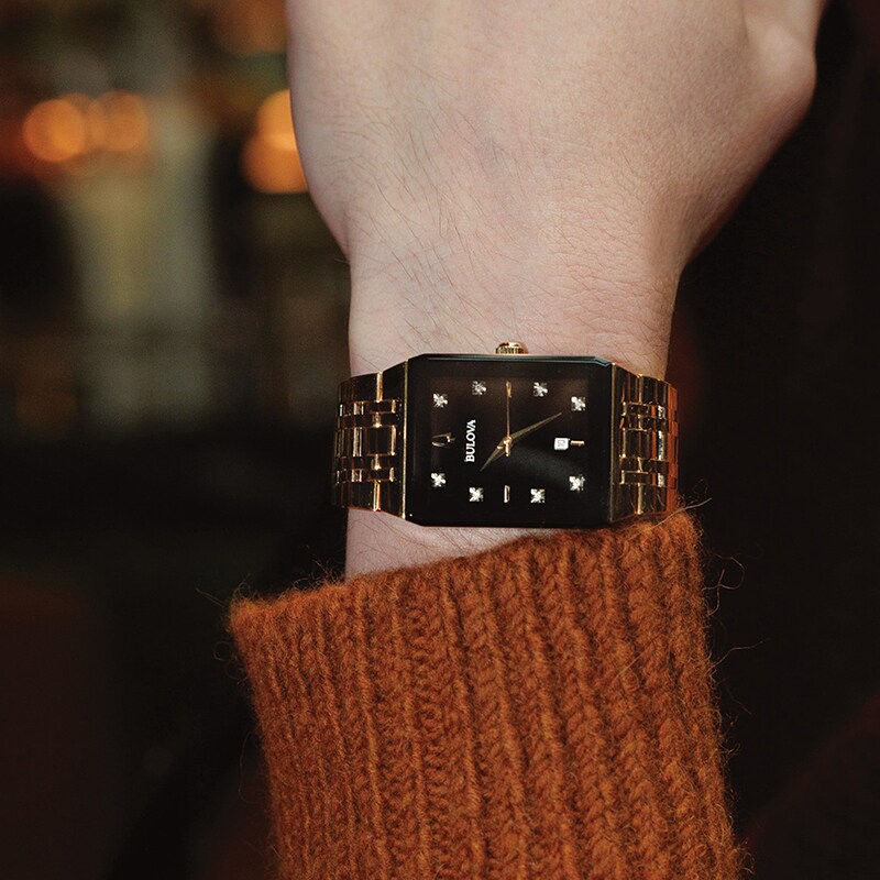 Main Image 4 of Previously Owned - Men's Bulova Modern Diamond Accent Gold-Tone Watch with Rectangular Black Dial (Model: 97D118)