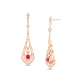 Previously Owned - EFFY™ Collection 3.0mm Rhodolite and 3/8 CT. T.W. Diamond Art Deco Drop Earrings in 14K Rose Gold