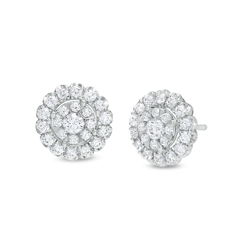 Main Image 1 of Previously Owned - 1 CT. T.W. Multi-Diamond Scallop Edge Frame Stud Earrings in 10K White Gold