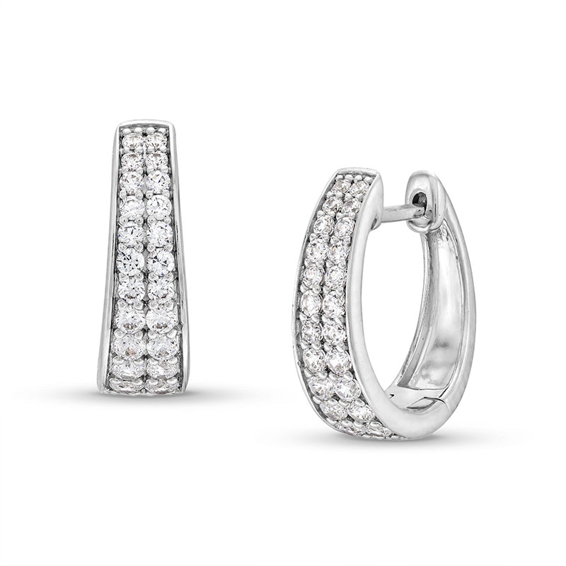 Main Image 1 of Previously Owned - 1/2 CT. T.W. Diamond Graduating Double Row Huggie Hoop Earrings in 10K White Gold