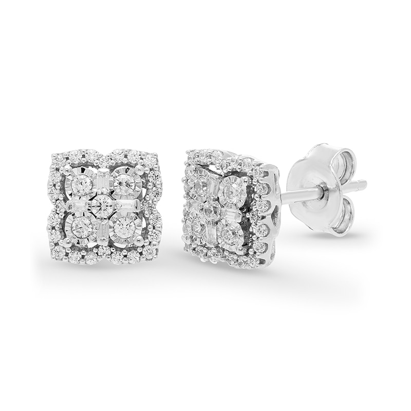Main Image 1 of Previously Owned - 1/3 CT. T.W. Multi-Diamond Flower Frame Stud Earrings in 10K White Gold