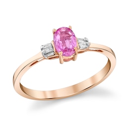 Previously Owned - Oval Pink Sapphire and 1/20 CT. T.W. Baguette Diamond Collar Ring in 14K Rose Gold
