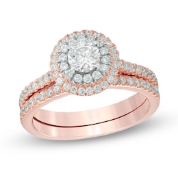 Previously Owned - Celebration Ideal 7/8 CT. T.W. Diamond Double Frame Bridal Set in 14K Rose Gold (I/I1)