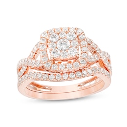 Previously Owned - 1 CT. T.W. Diamond Double Cushion Frame Twist Bridal Set in 10K Rose Gold
