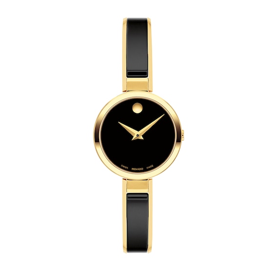 Previously Owned - Ladies' Movado Moda Two-Tone PVD Ceramic Bangle Watch with Black Dial (Model: 0607714)