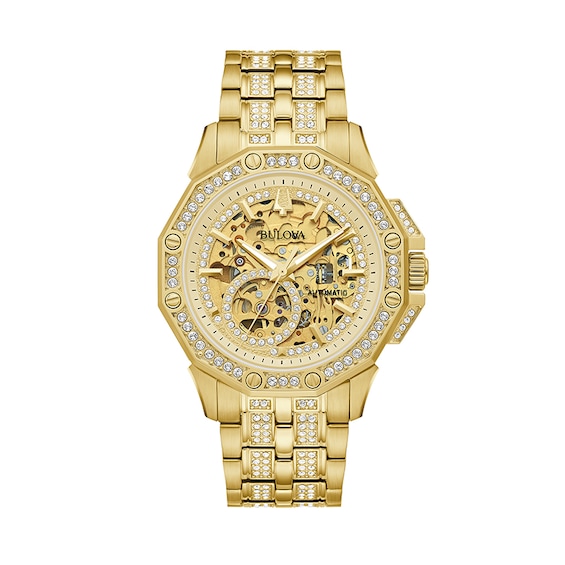 Previously Owned - Bulova Octava Crystal Accent Gold-Tone Automatic Watch with Gold-Tone Skeleton Dial (Model: 98A292)