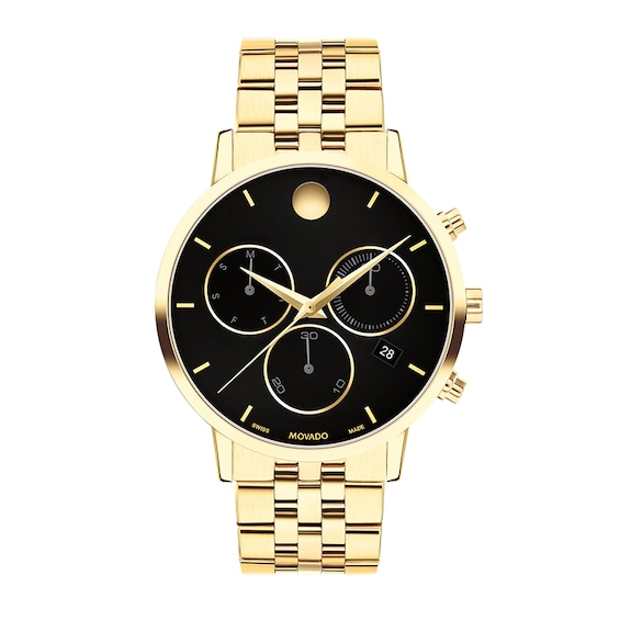 Previously Owned - Movado Museum® Gold-Tone PVD Chronograph Watch with Black Dial and Date Window (Model: 0607810)