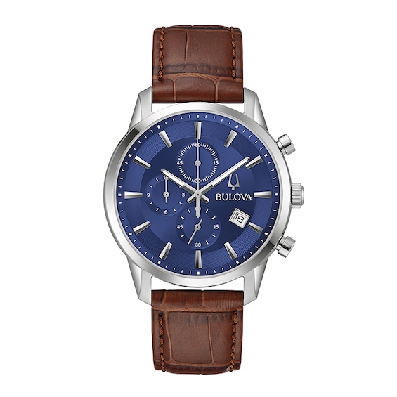 Previously Owned - Men's Bulova Classic Sutton Brown Strap Chronograph Watch with Blue Dial (Model: 96B402)