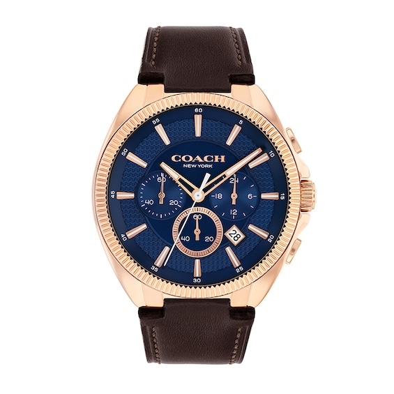Previously Owned - Coach Jackson Rose-Tone IP Watch with Navy Blue Dial and Brown Leather Strap (Model: 14602745)