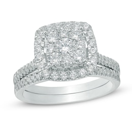 Previously Owned - 1 CT. T.W. Multi-Diamond Square Frame Bridal Set in 10K White Gold