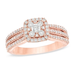 Previously Owned - 7/8 CT. T.W. Diamond Frame Cluster Triple Shank Ring in 14K Rose Gold