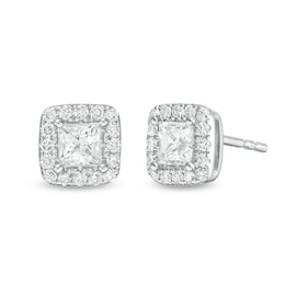 Previously Owned - 1 CT. T.W. Princess-Cut Diamond Frame Stud Earrings in 14K White Gold (I/SI2)