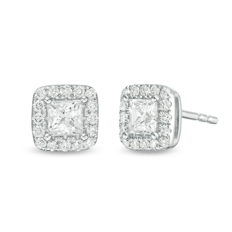 Main Image 1 of Previously Owned - 1 CT. T.W. Princess-Cut Diamond Frame Stud Earrings in 14K White Gold (I/SI2)