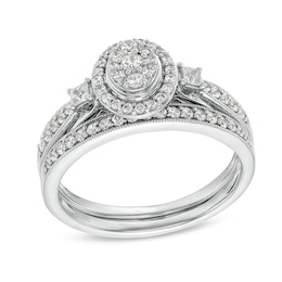 Previously Owned - 1/2 CT. T.W. Oval-Shaped Multi-Diamond Frame Collar Vintage-Style Bridal Set in 10K White Gold