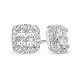 Previously Owned - 2 CT. T.W.  Lab-Grown Quad Princess-Cut Diamond Frame Stud Earrings in 14K White Gold (F/SI2)