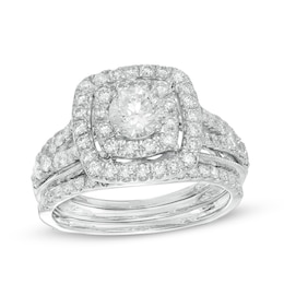 Previously Owned - 1-1/2 CT. T.W. Diamond Double Square Frame Split Shank Bridal Set in 14K White Gold