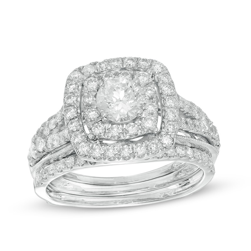 Main Image 1 of Previously Owned - 1-1/2 CT. T.W. Diamond Double Square Frame Split Shank Bridal Set in 14K White Gold