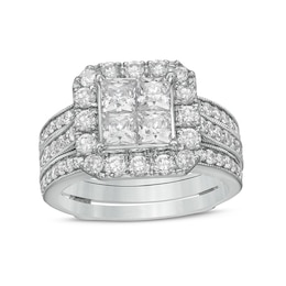 Previously Owned - 2-1/2 CT. T.W. Princess-Cut Quad Diamond Frame Vintage-Style Bridal Set in 14K White Gold
