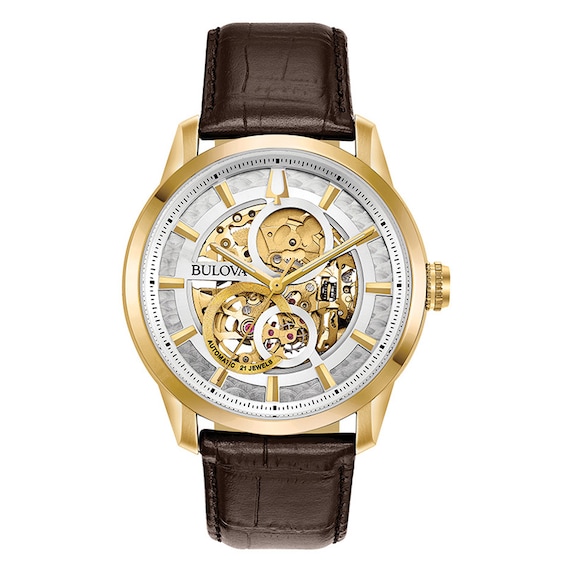 Previously Owned - Men's Bulova Sutton Automatic Gold-Tone Strap Watch with Silver-Tone Skeleton Dial (Model: 97A138)