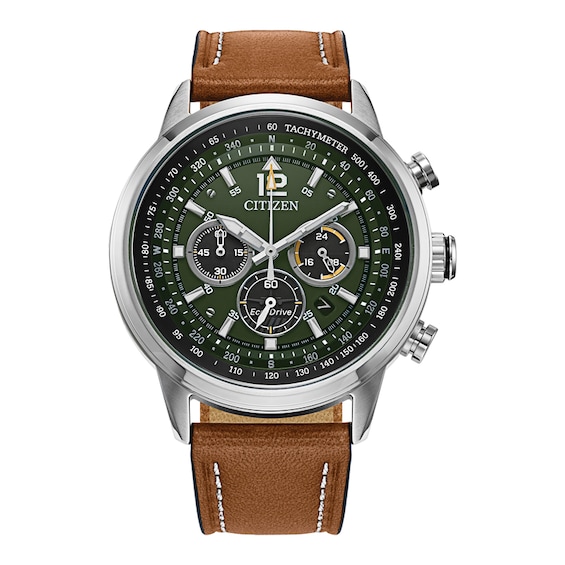 Previously Owned - Citizen Eco-Drive® Avion Chronograph Brown Leather Strap Watch with Green Dial (Model:CA4477-08X)